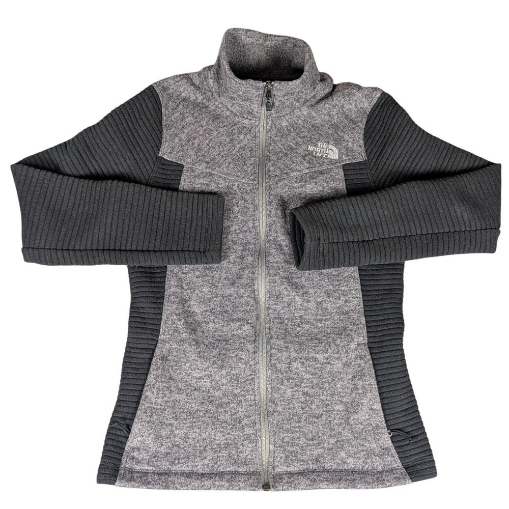 The North Face Womens Hybrid Fleece Full Zip Jacket Gray Ribbed Panel Mock Neck